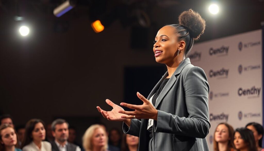 Denika Kisty public speaking at an event